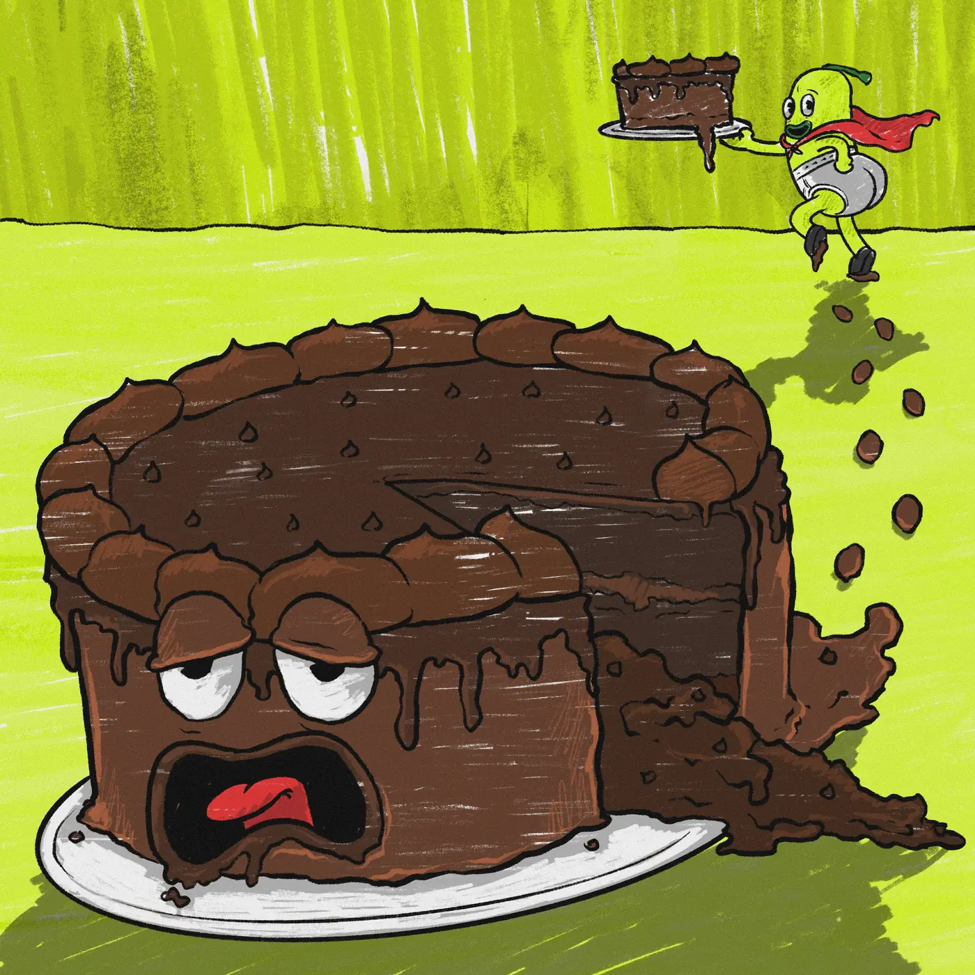 A distressed chocolate cake missing a slice while Pat runs off with it